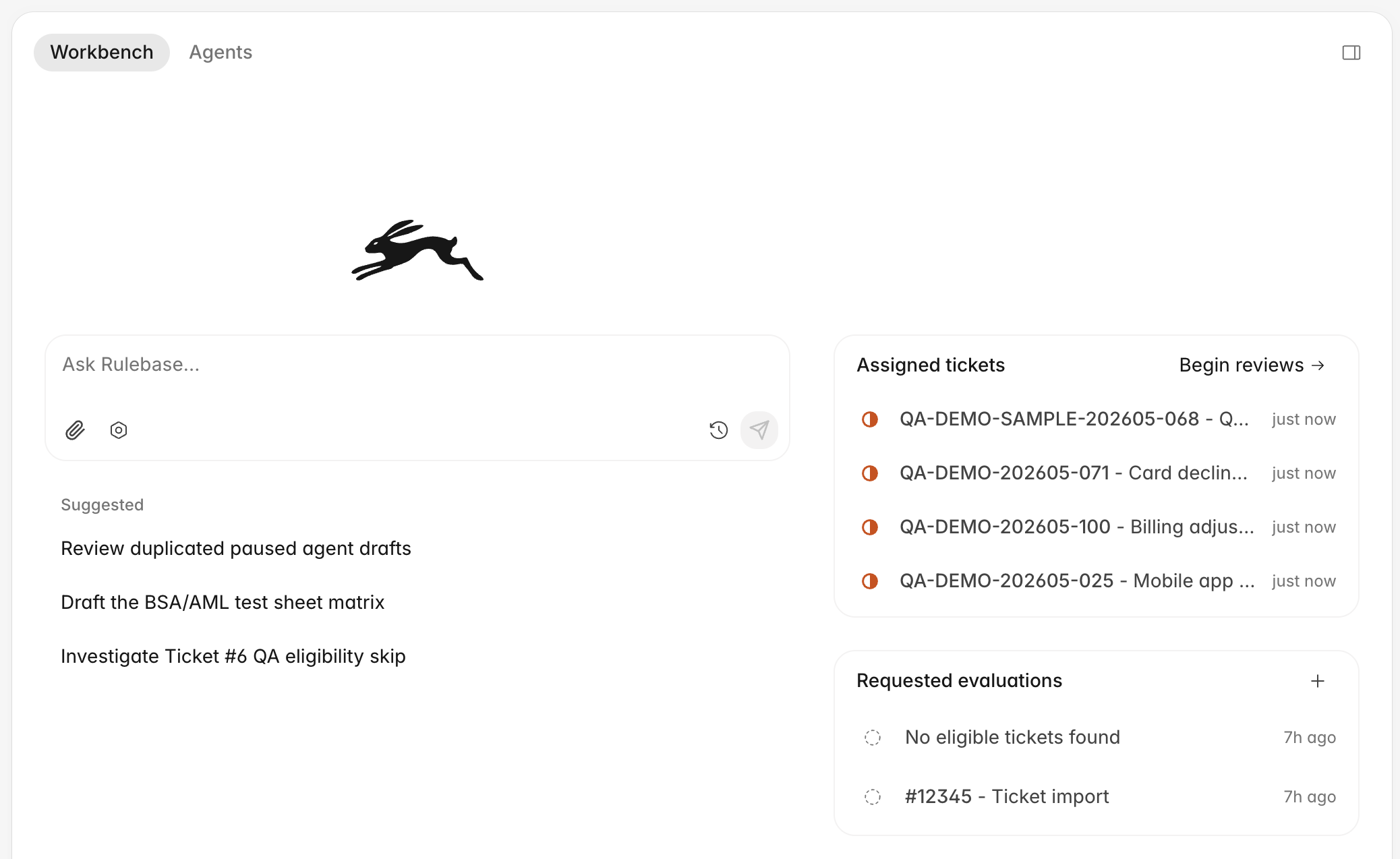 Workbench with agents, recent chats, assigned reviews, calibrations, and requested evaluations