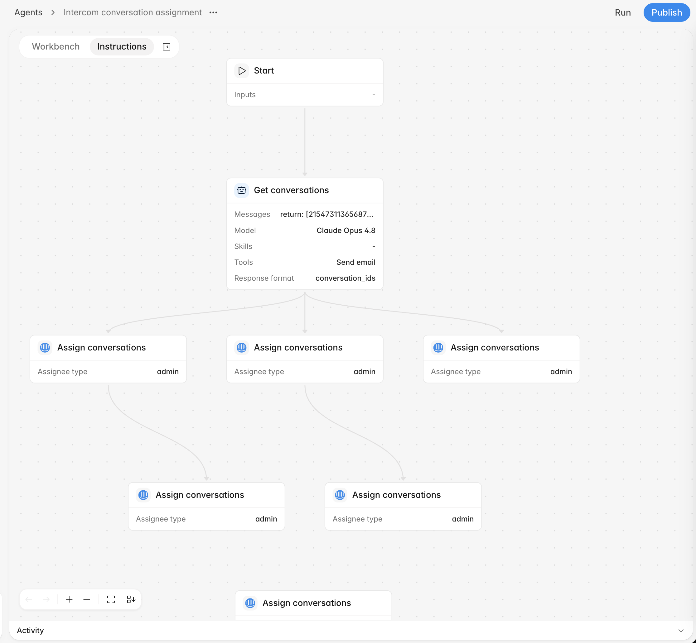Agent workflow graph with editing controls and run progress